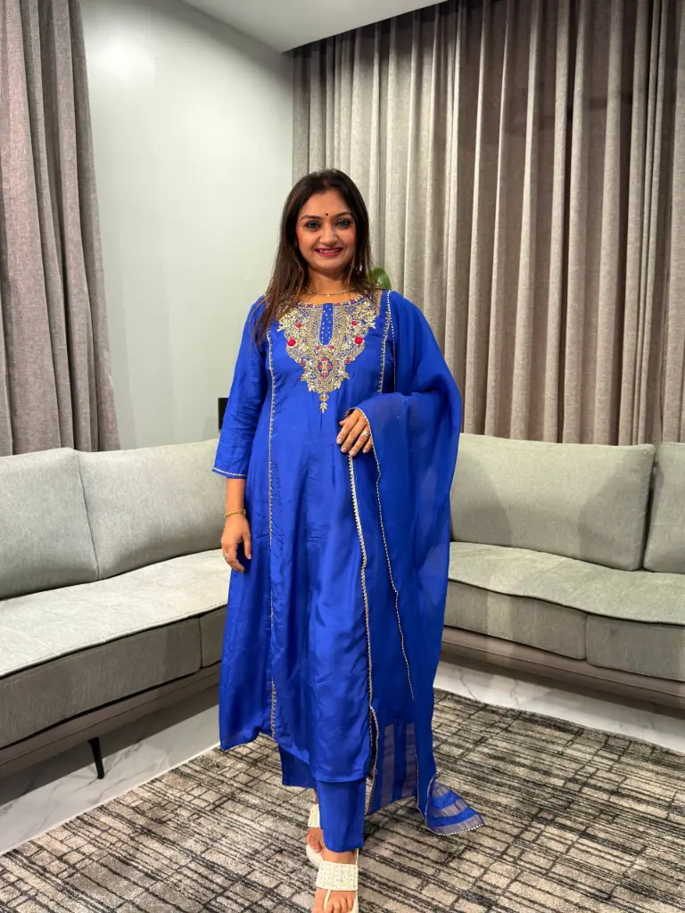 Royal Sapphire Embroidered Tissue Kurta Set