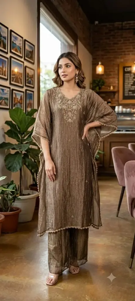 Antique Bronze Embellished Glass Tissue Kaftan Set