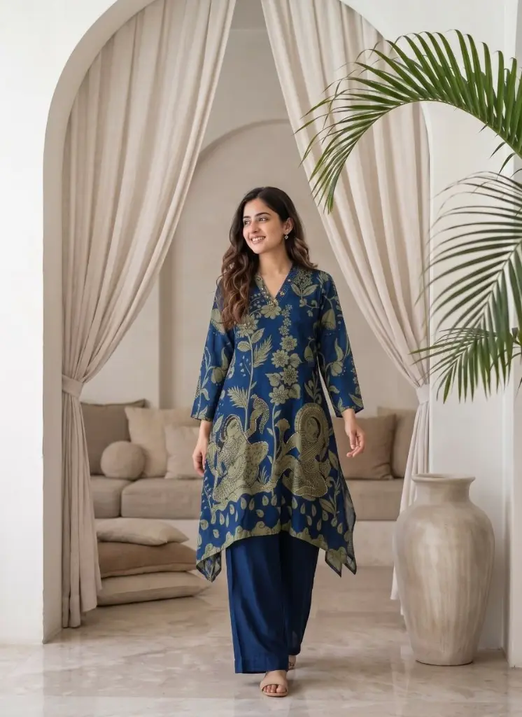 Royal Blue Kalamkari Figurine Print Asymmetric Crepe Co-ord Set