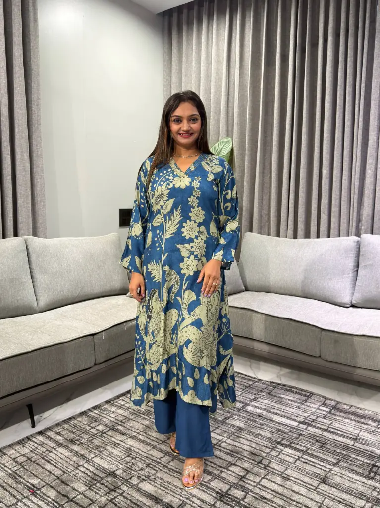 Royal Blue Kalamkari Figurine Print Asymmetric Crepe Co-ord Set