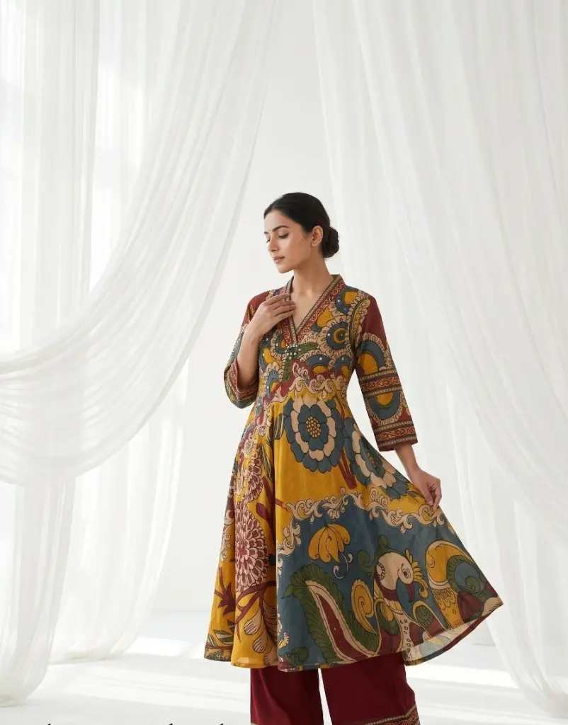 Mustard & Maroon Kalamkari Floral Flared Crepe Kurta Set