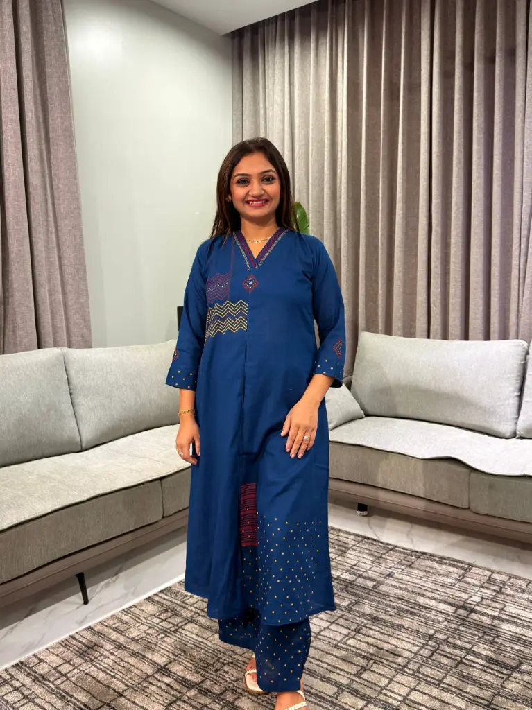 Teal Blue Geometric Chevron Flex Cotton Kurta Set