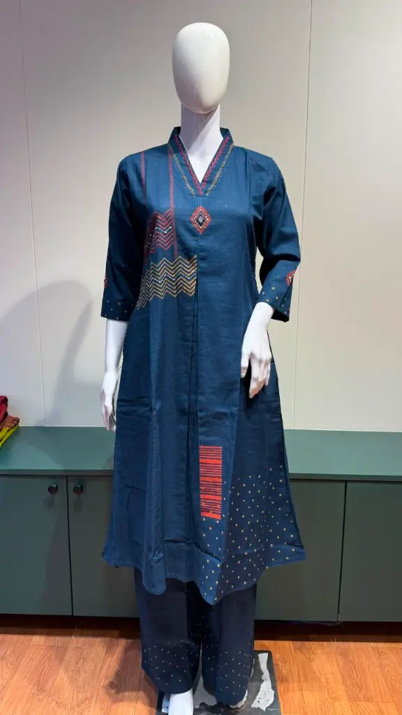 Teal Blue Geometric Chevron Flex Cotton Kurta Set