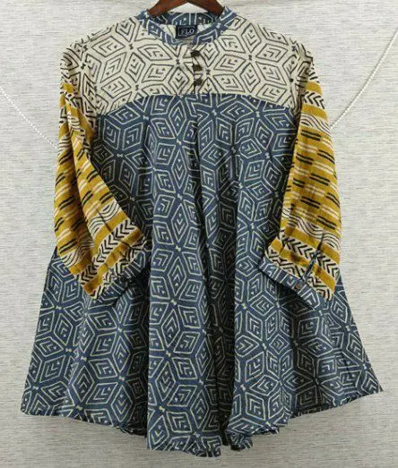Slate Blue & Cream Geometric Ajrakh Print Pure Muslin Tunic