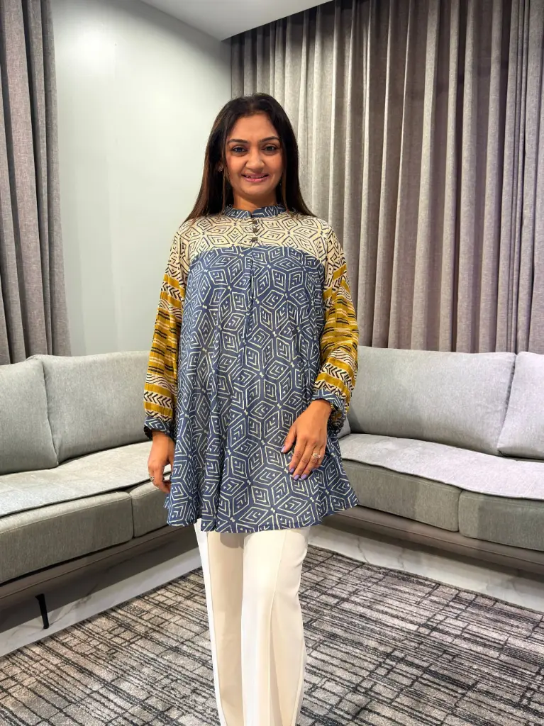 Slate Blue & Cream Geometric Ajrakh Print Pure Muslin Tunic