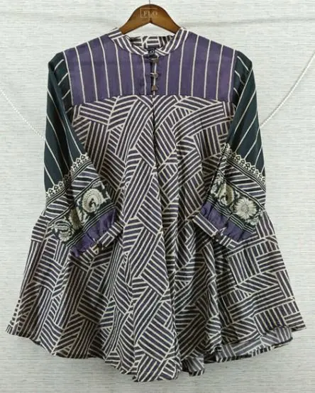 Midnight Purple & Cream Abstract Geometric Pure Muslin Tunic