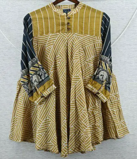 Mustard Gold & Off-White Abstract Geometric Pure Muslin Tunic