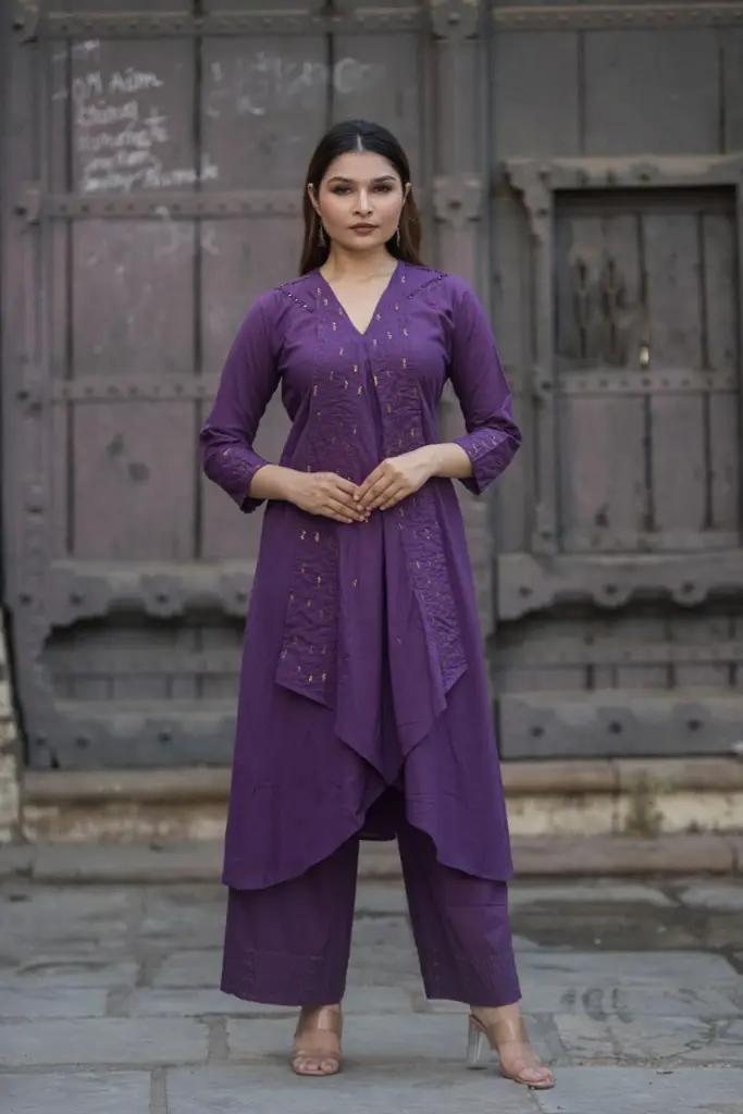 Royal Plum Layered Cotton Kurta Set