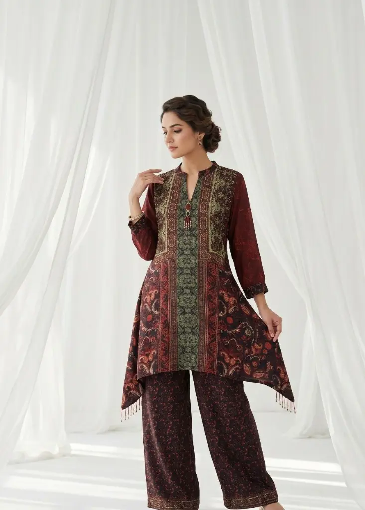 Regal Burgundy Paisley Crepe Cord Set