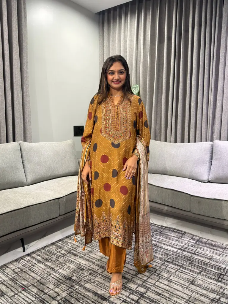 Mustard Ethnic Print Viscous Muslin 3-Piece Set
