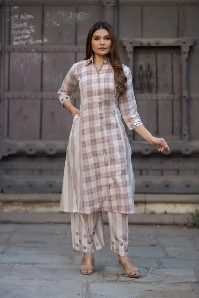 Taupe & Off-White Checked Handloom Cotton Shirt Kurta Set