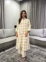 Beige & Off-White Checked Handloom Cotton Kurta Set