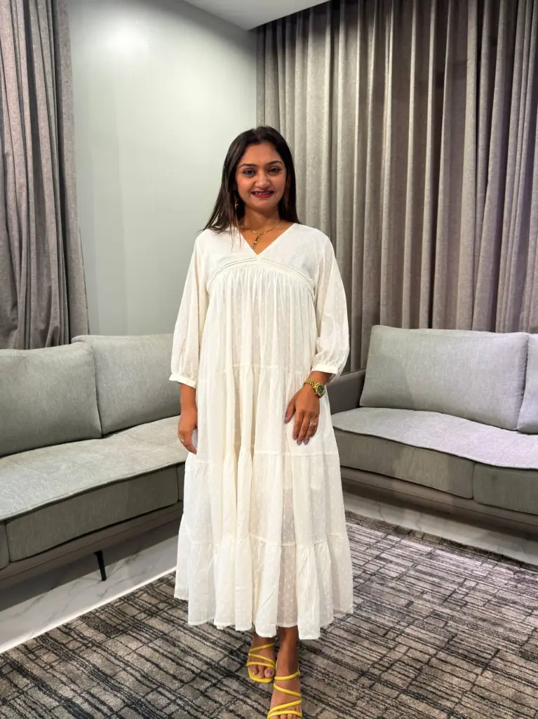 Off-White Dobby Cotton Tiered V-Neck Midi Dress