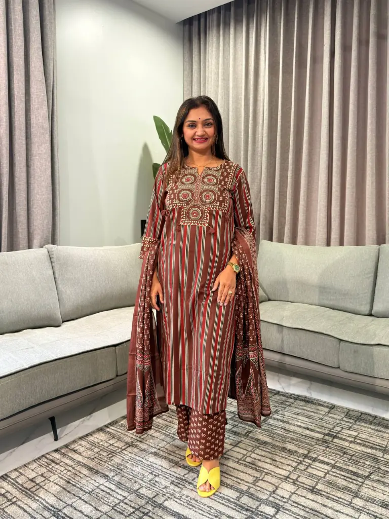 Maroon Heritage Stripe Pure Cotton 3-Piece Set
