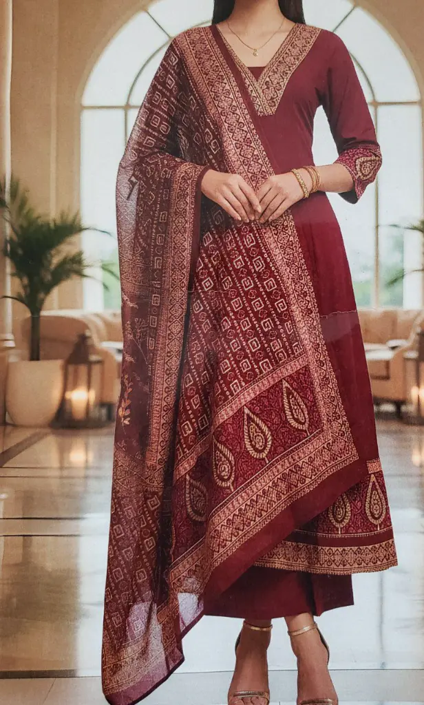 Maroon Heritage Hand-Block Pure Cotton 3-Piece Set