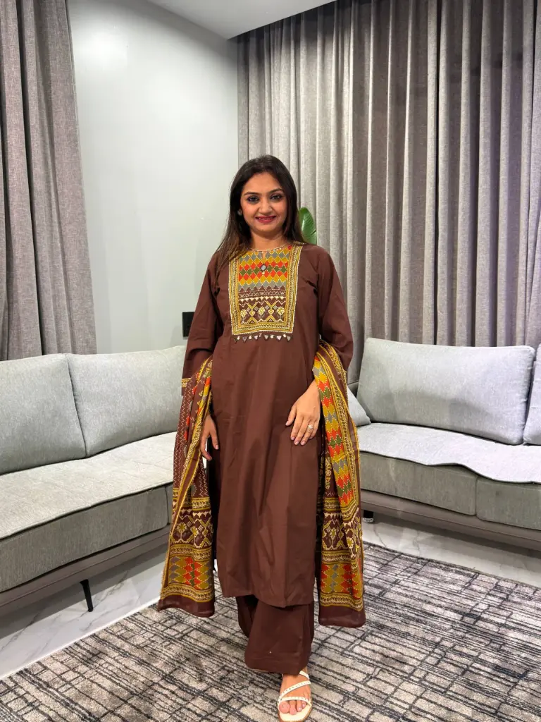 Chocolate Brown Geometric Printed Yoke Pure Cotton Kurta Set