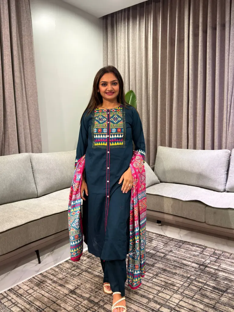Teal Green Embroidered Yoke Kurta Set with Pink Gazzi Silk Dupatta