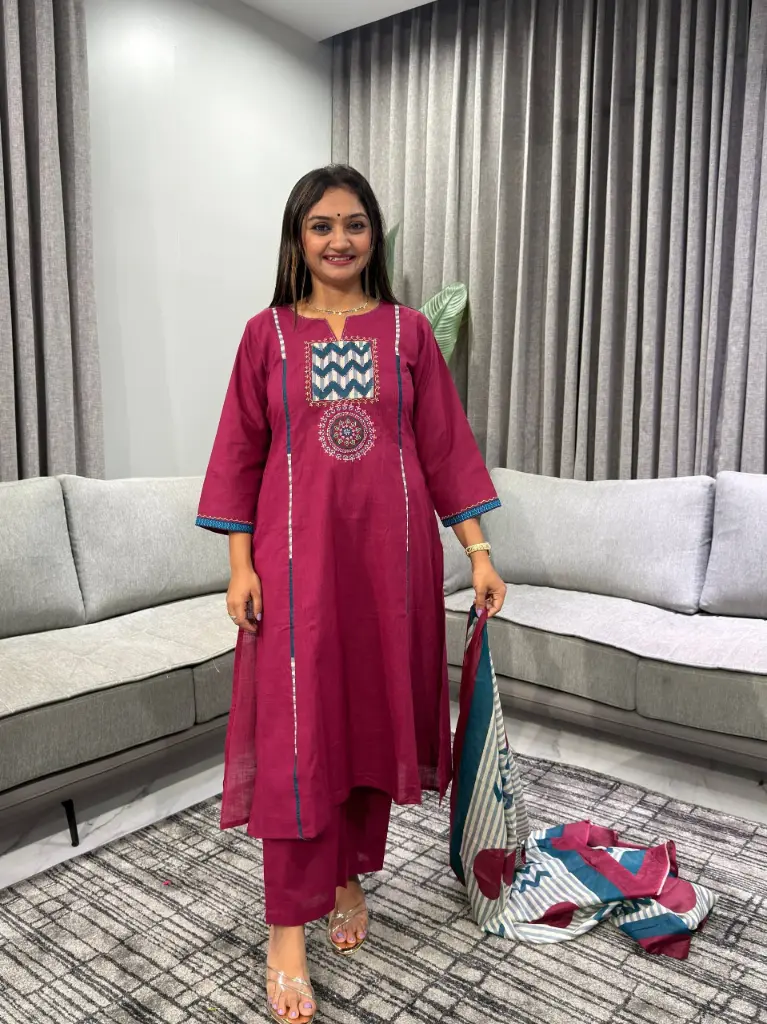 Magenta Pink Embroidered Yoke Pure Cotton Kurta Set