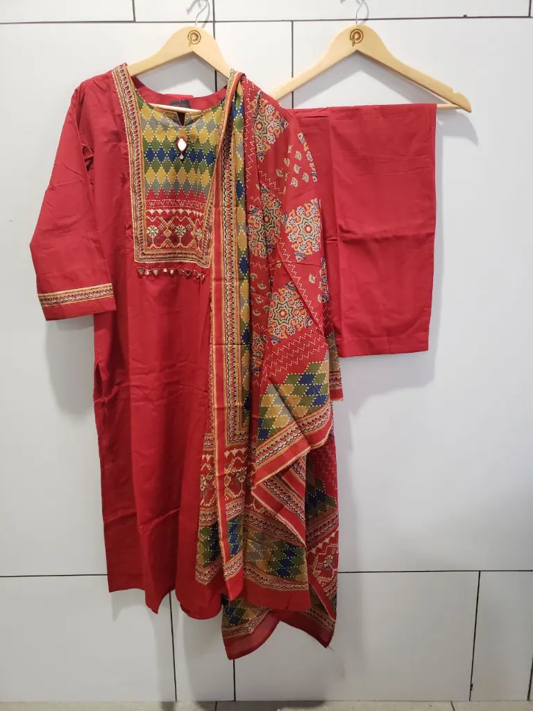 Crimson Red Geometric Printed Yoke Pure Cotton Kurta Set