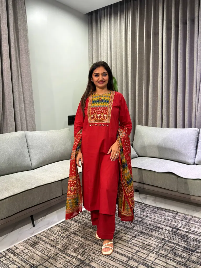 Crimson Red Geometric Printed Yoke Pure Cotton Kurta Set
