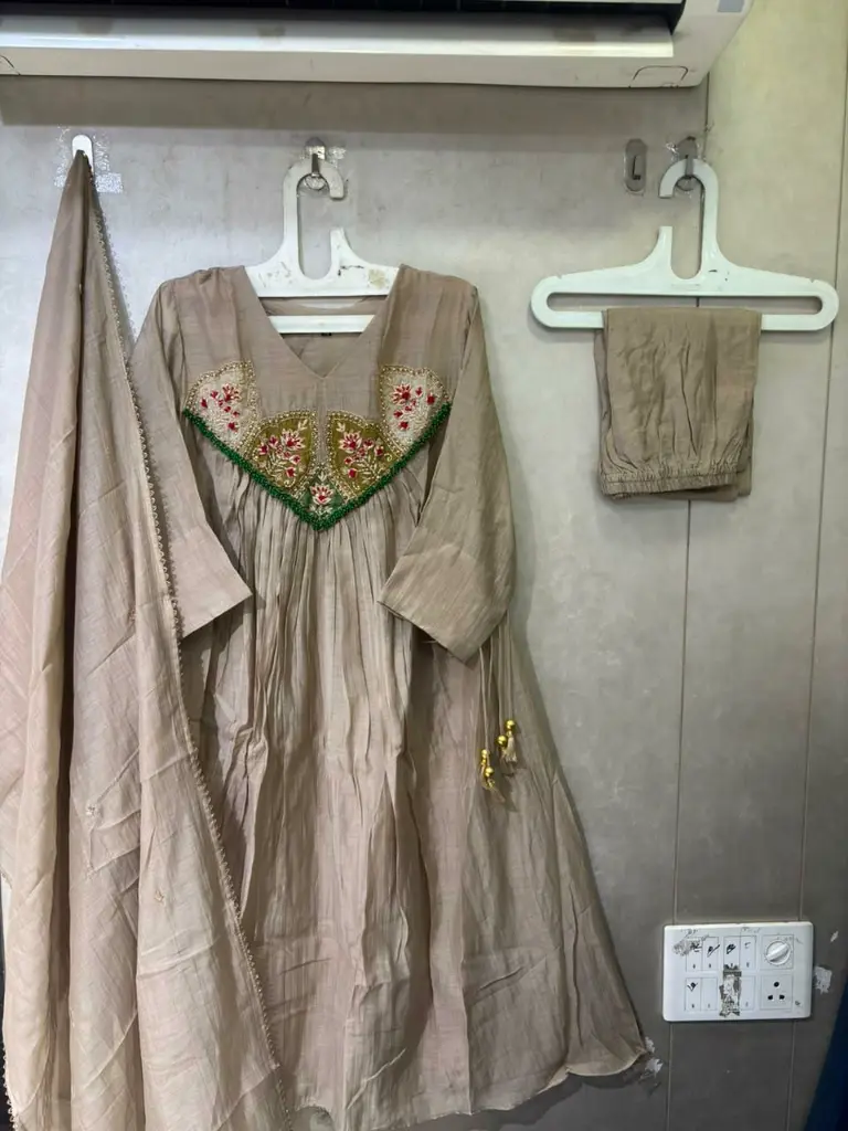 Muted Gold Hand-Worked Patch Yoke Banarasi Mull Chanderi Anarkali Set