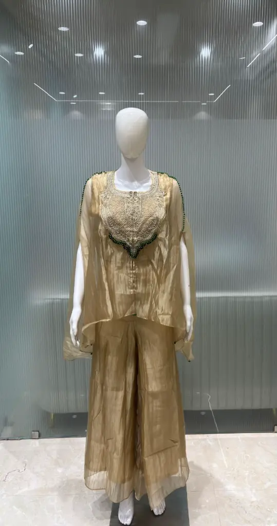 Champagne Gold Hand-Worked Festive Silk Cape Top Set