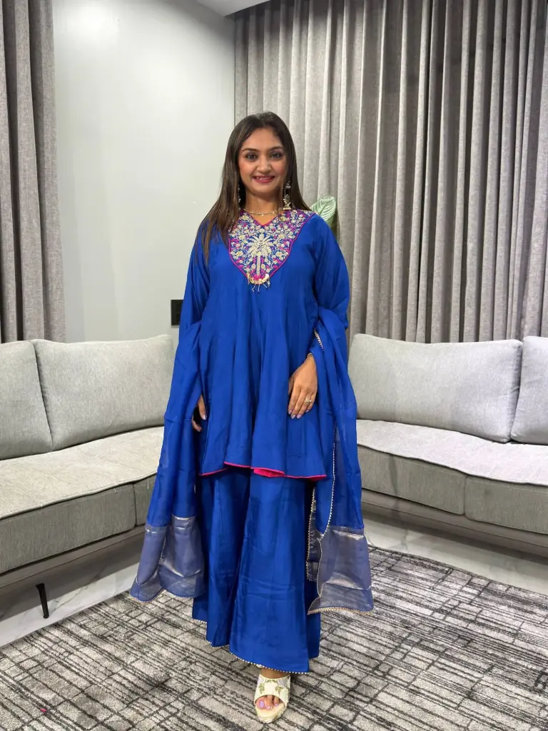 Royal Blue Dola Silk Handwork Sharara Set
