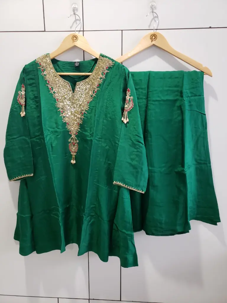 Emerald Green Hand-Worked Short Kurta Sharara Set