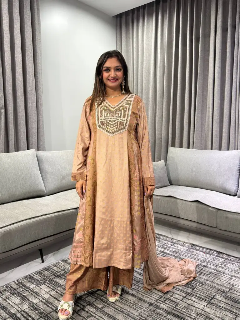Dusted Mocha Hand-Worked V-Neck Dola Silk Kurta Set