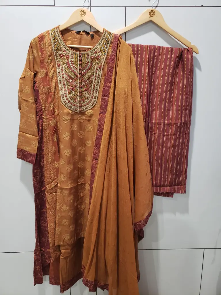 Mustard Rust Hand-Worked Round Neck Dola Silk Kurta Set