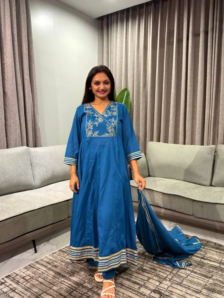 Teal Blue Embroidered Flared Anarkali Cotton Kurta Set
