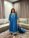 Teal Blue Embroidered Flared Anarkali Cotton Kurta Set