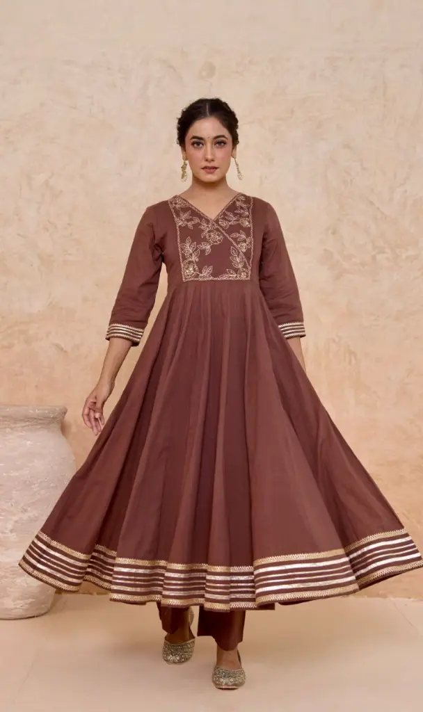 Chocolate Brown Embroidered Flared Anarkali Cotton Kurta Set