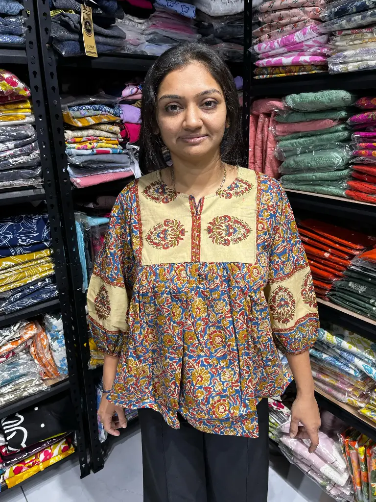 Blue Printed Chambray Round Neck Tunic