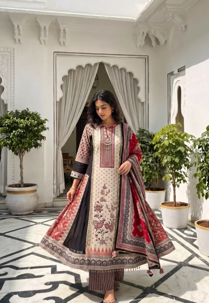 Off-White & Crimson Red Ajrakh Print Natural Crepe Anarkali Set