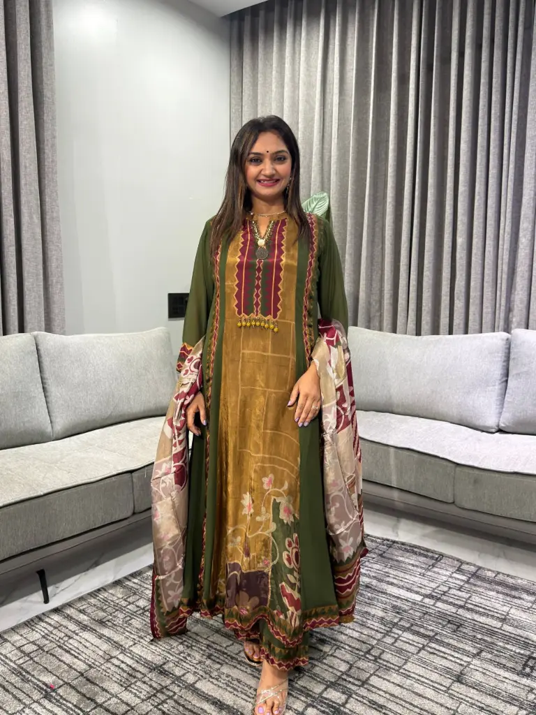 Olive Green & Ochre Heritage Print Natural Crepe Anarkali Set