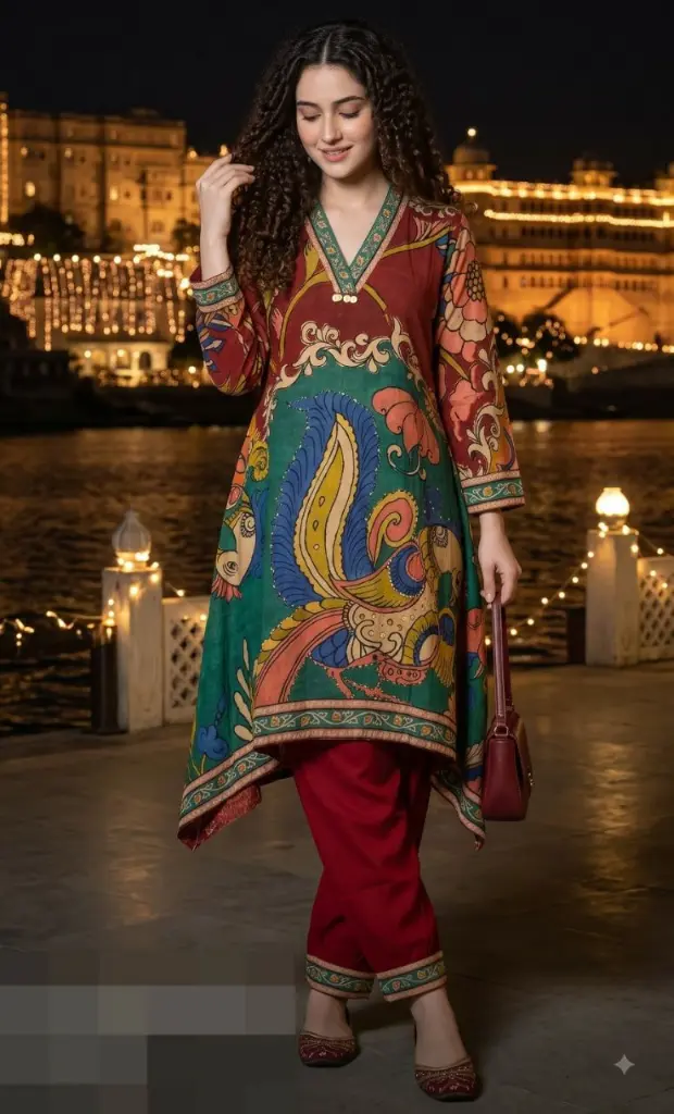 Rust Red Kalamkari Peacock Print Natural Crepe Kurta Set