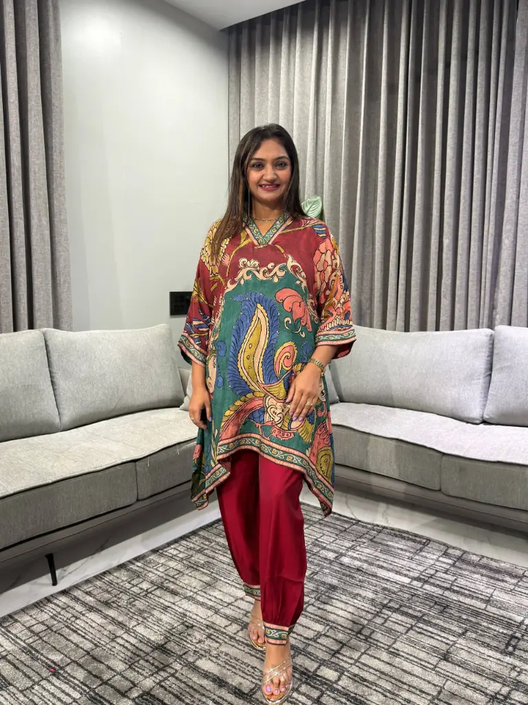 Rust Red Kalamkari Peacock Print Natural Crepe Kurta Set