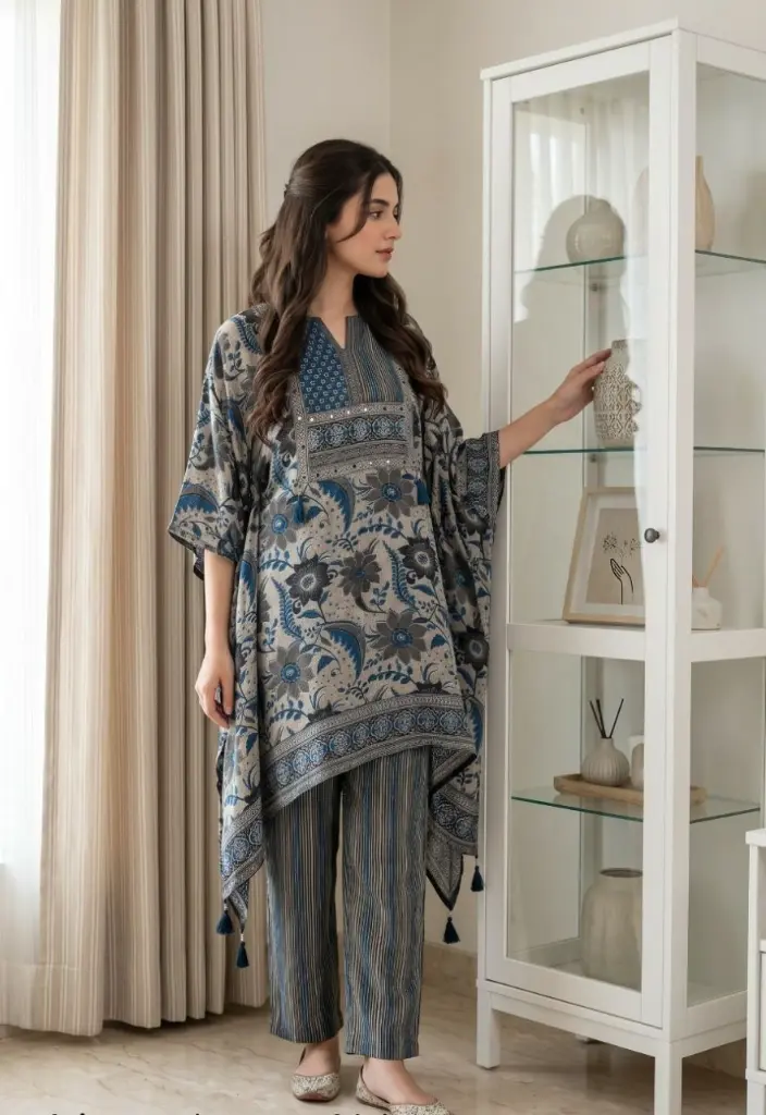 Indigo Blue Floral Printed Natural Crepe Kaftan Co-Ord Set