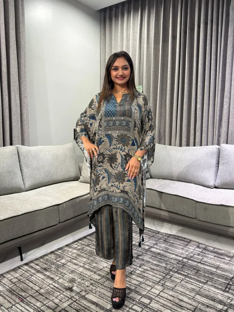 Indigo Blue Floral Printed Natural Crepe Kaftan Co-Ord Set