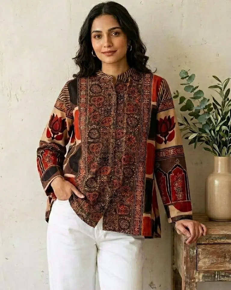 Rust & Beige Kalamkari Print Pure Cotton Shirt