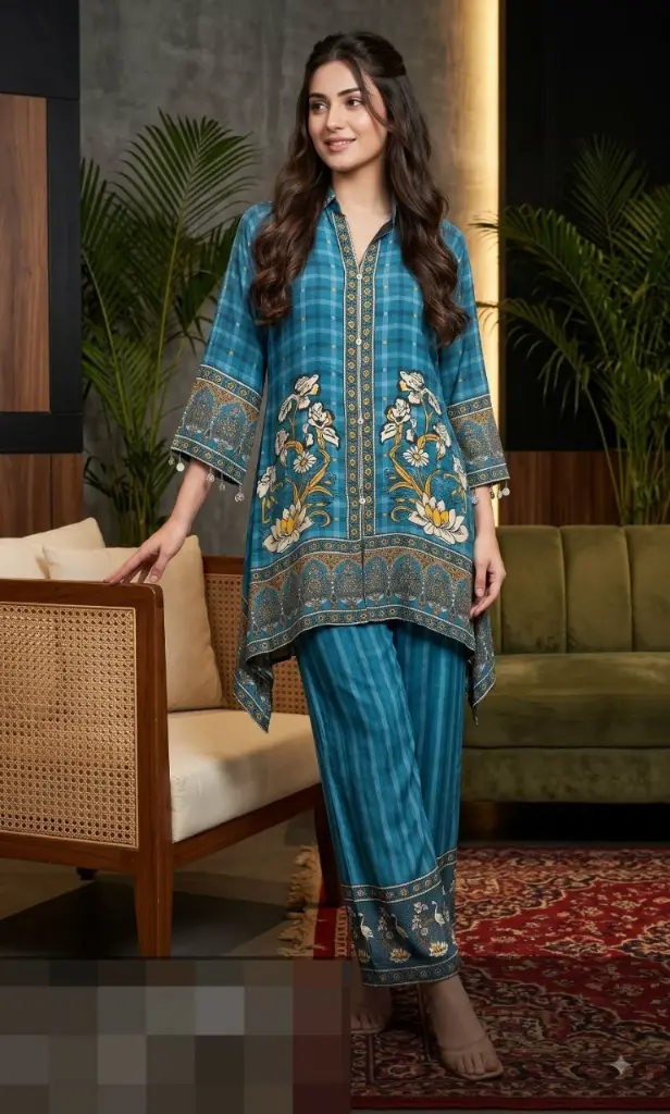 Teal Blue Floral & Crane Printed Natural Crepe Co-Ord Set