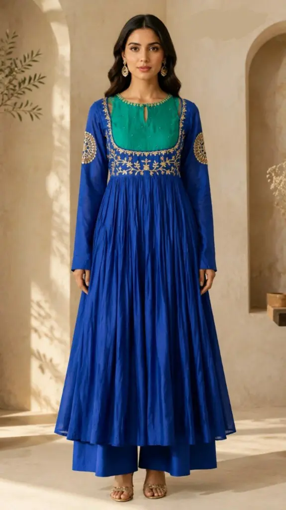 Royal Blue & Emerald Green Embroidered Mull Chanderi Anarkali Set