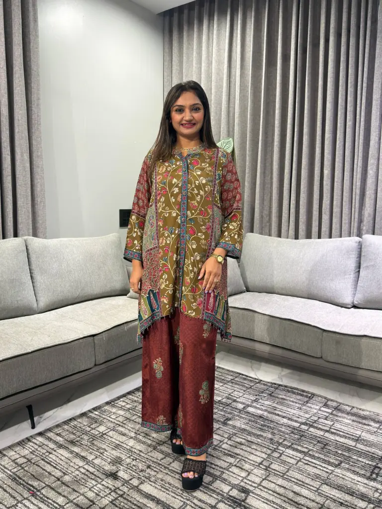 Olive Green & Maroon Floral Kalamkari Natural Crepe Co-Ord Set