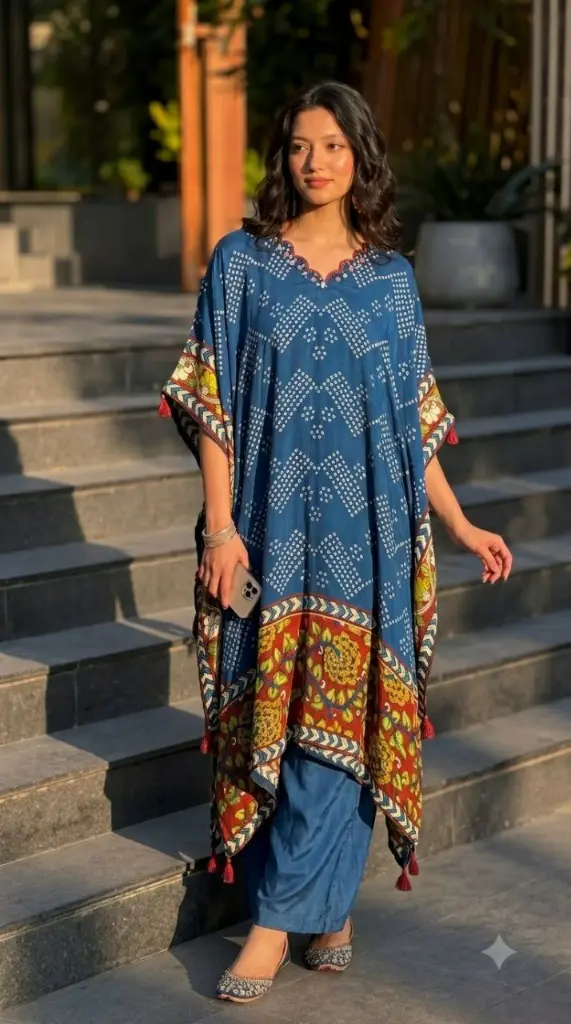 Indigo Blue Bandhani & Kalamkari Printed Natural Crepe Kaftan Set