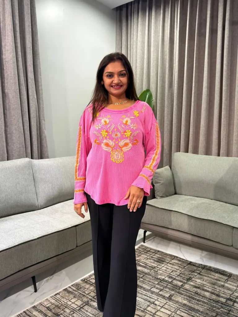 Candy Pink Floral Embroidered Waffle Knit Cotton Top