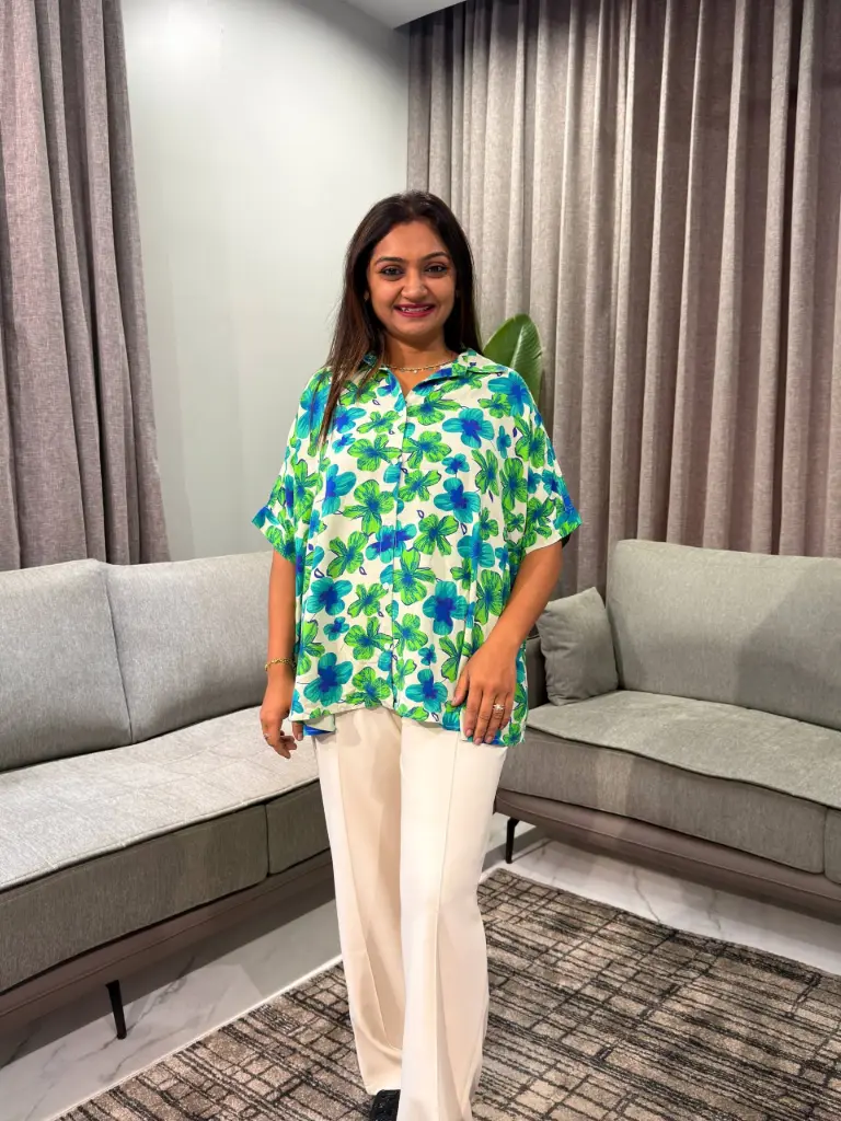 Green & Blue Vibrant Floral Viscose Short Sleeve Shirt Top