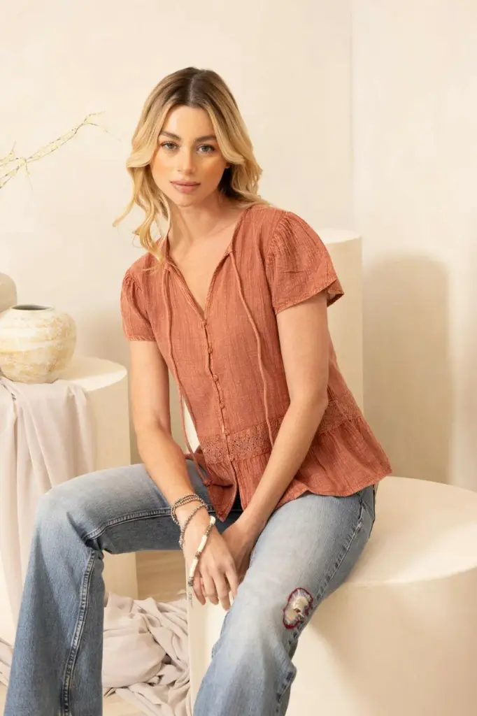 Terracotta Peach Textured Linen Cotton Lace Peplum Top