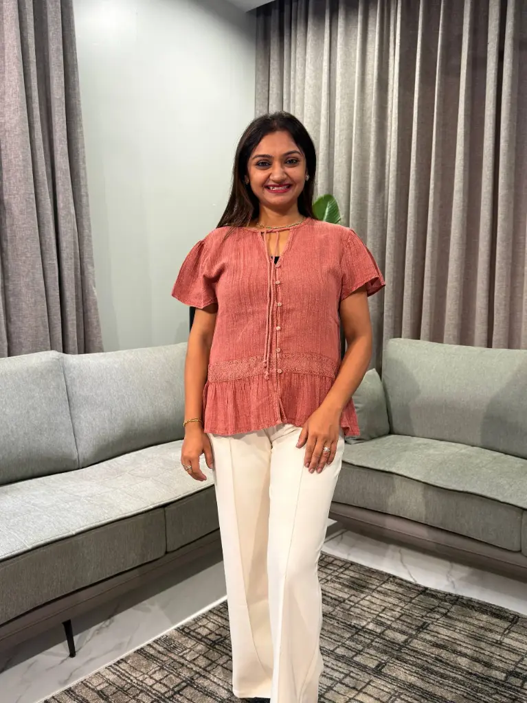 Terracotta Peach Textured Linen Cotton Lace Peplum Top