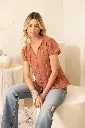 Terracotta Peach Textured Linen Cotton Lace Peplum Top